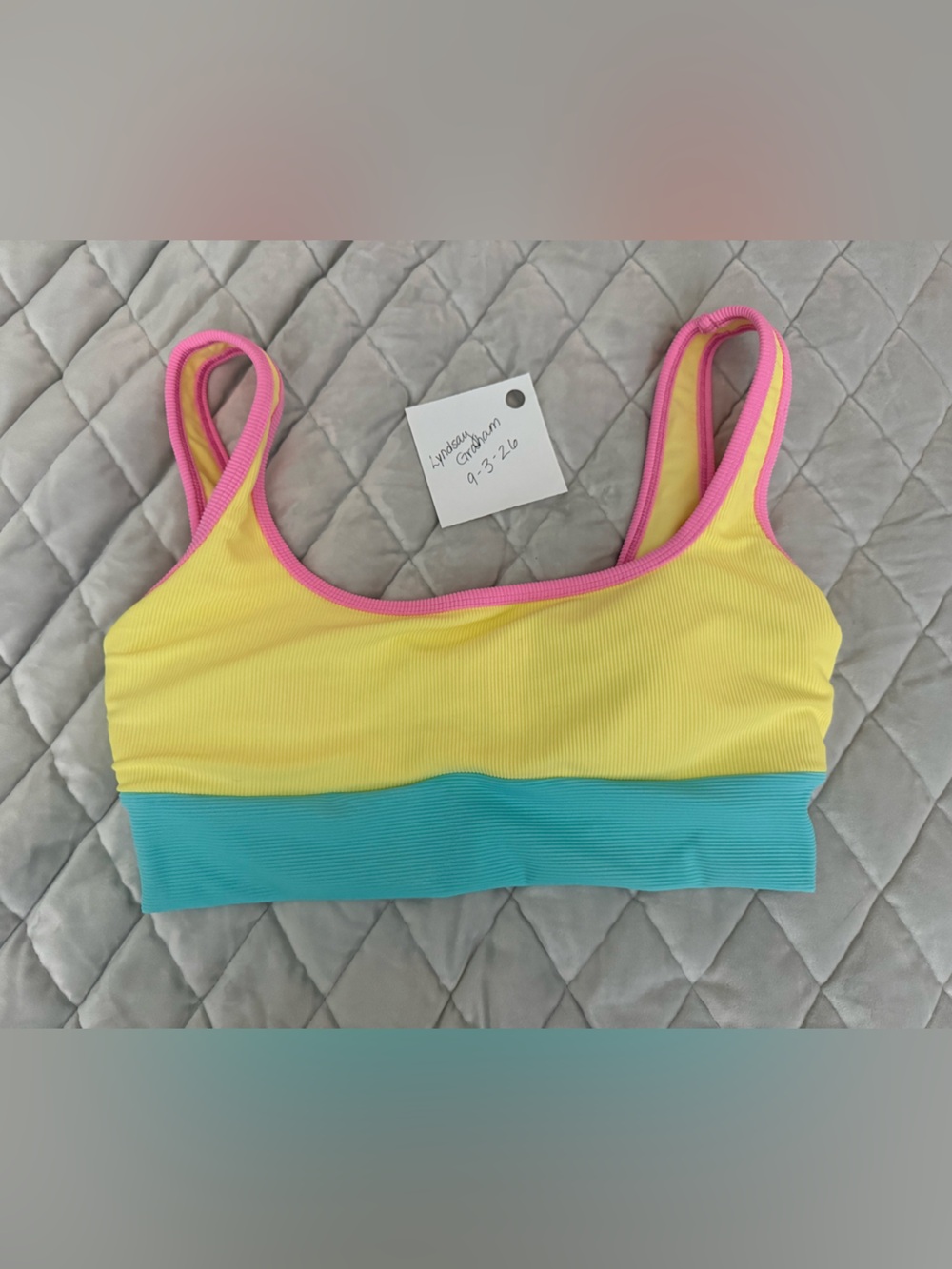 LainSnow Yellow & Teal Ribbed Women’s Swim Top with Pink Trim